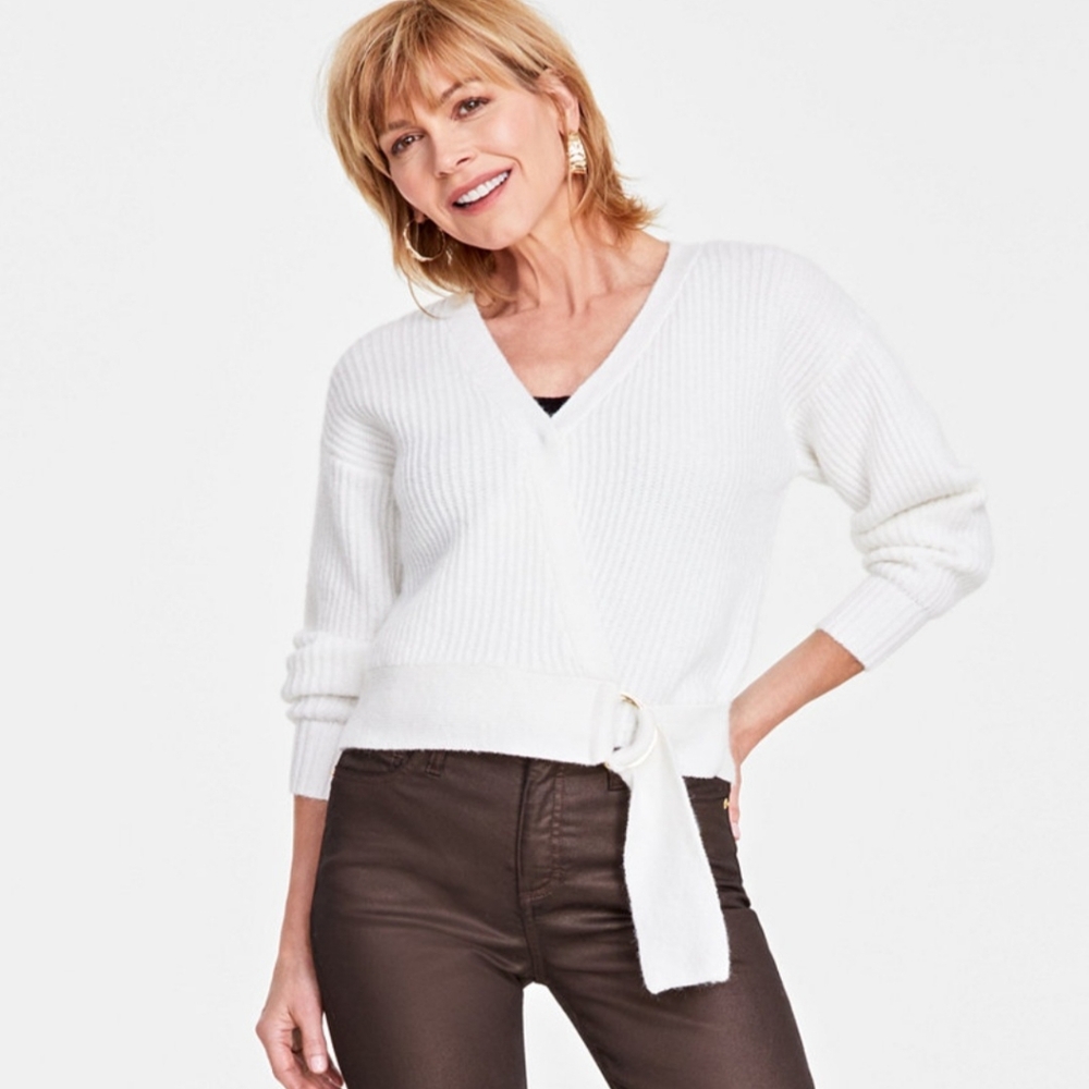 I.N.C. WOMEN'S WHITE RIBBED FRONT BUCKLE SWEATER SIZE XL NWT